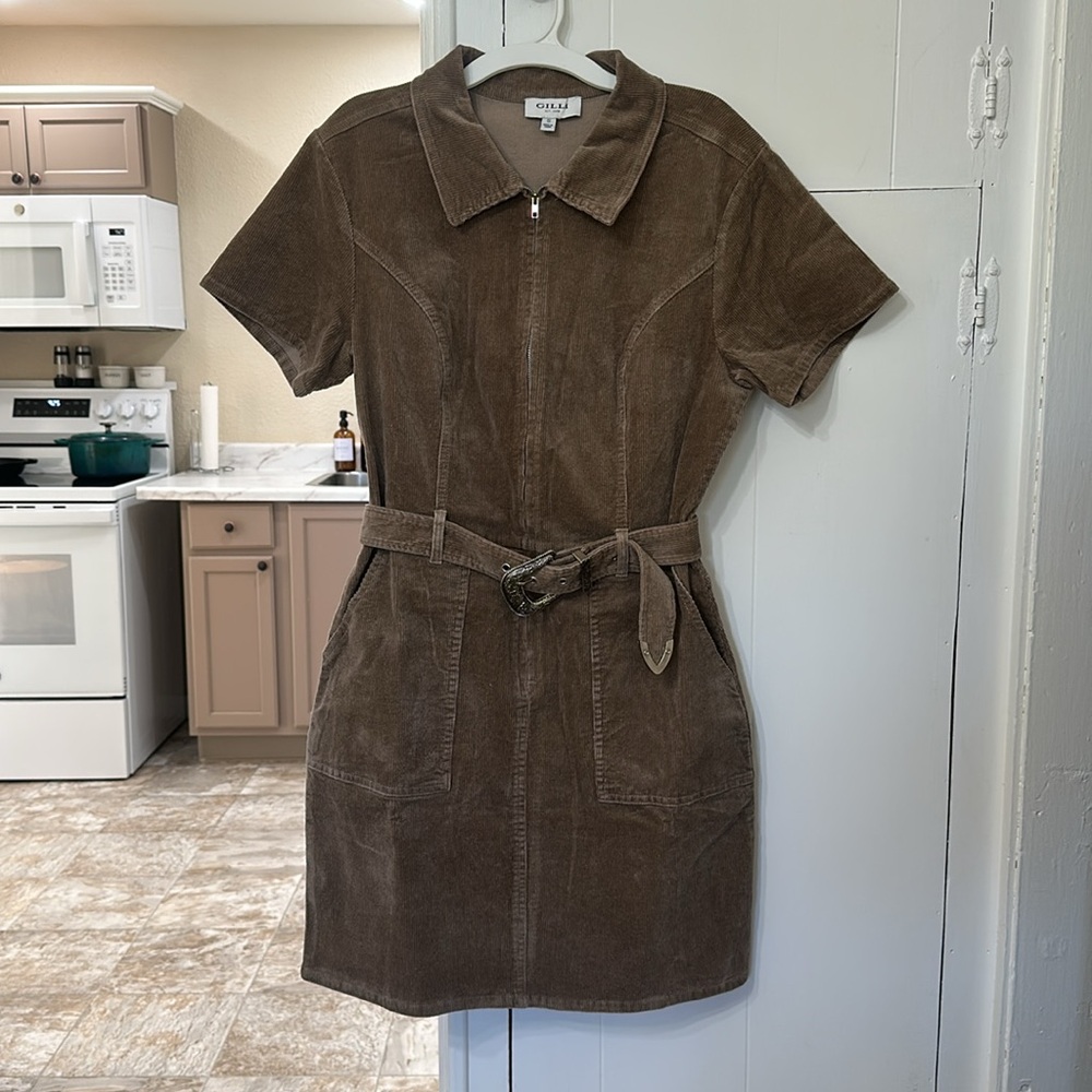 Brown Corduroy Belted Dress